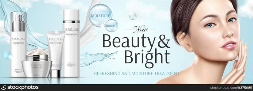 Moisture cosmetic set with mix texture and beautiful model in 3d illustration. Moisture cosmetic set