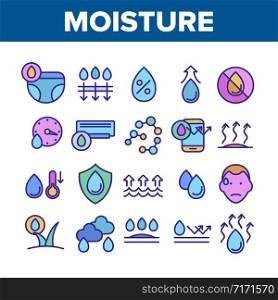 Moisture Water Drop Collection Icons Set Vector Thin Line. Moisture Diaper Air Conditioner, Phone Protection And Rainy Cloud Concept Linear Pictograms. Color Contour Illustrations. Moisture Water Drop Collection Icons Set Vector