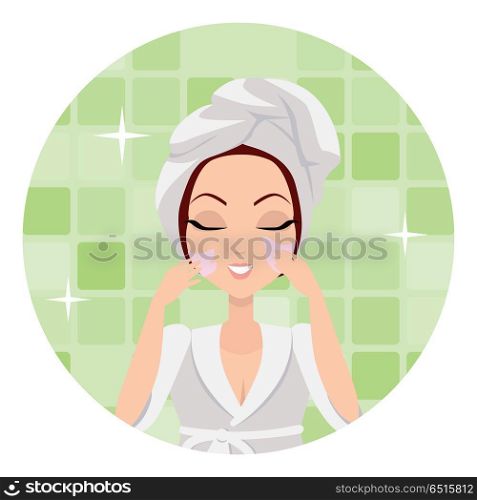 Moisturisation. Girl Applying Nourishing Cream. Moisturisation. Girl applying nourishing cream which allows skin to breathe and gives fresh. Woman instruction how to make up correctly. Girl cares about her look. Part of series of face care. Vector