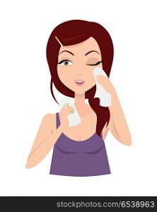 Moisturisation. Girl Applying Wet Wipes. Vector. Moisturisation. Girl applying wet wipes which allows skin to breathe and gives fresh. Woman instruction how to make up correctly. Girl cares about her look. Part of series of ladies face care. Vector