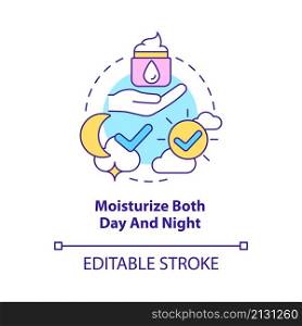 Moisturize both day and night concept icon. Beauty tip. Skincare routine abstract idea thin line illustration. Isolated outline drawing. Editable stroke. Roboto-Medium, Myriad Pro-Bold fonts used. Moisturize both day and night concept icon