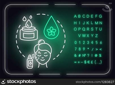 Moisturize skin, face care neon light concept icon. Cosmetic products, moisturisers, skincare idea. Outer glowing sign with alphabet, numbers and symbols. Vector isolated RGB color illustration