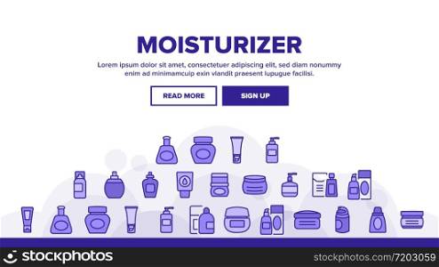 Moisturizer Cream Landing Web Page Header Banner Template Vector. Moisturizer Cosmetic Package, Body Care Gel Container, Shampoo Tube And Perfume Bottle Illustrations. Moisturizer Cream Landing Header Vector