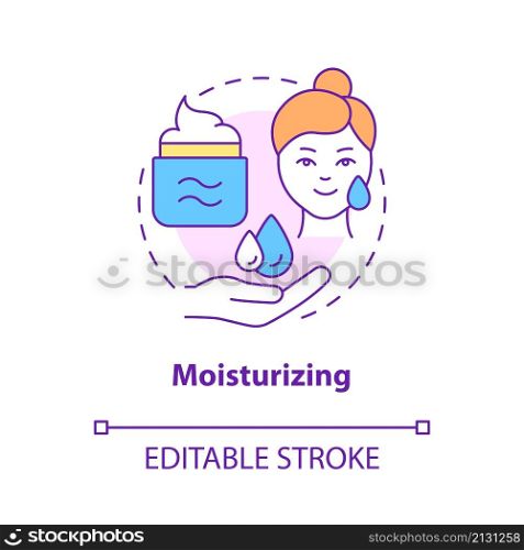 Moisturizing concept icon. Apply lotion. Skincare routine step abstract idea thin line illustration. Isolated outline drawing. Editable stroke. Roboto-Medium, Myriad Pro-Bold fonts used. Moisturizing concept icon