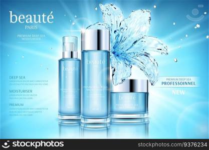 Moisturizing cosmetic set ads with transparent water lily on glittering blue background in 3d illustration, beauty and professional written in French text. Moisturizing cosmetic set ads