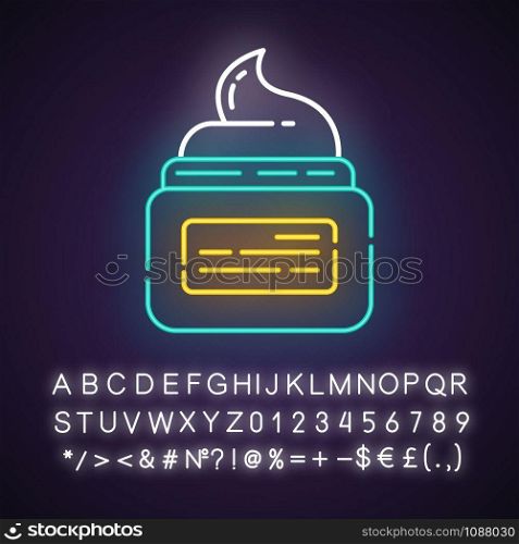 Moisturizing cream neon light icon. Waxing, depilation aftercare product in jar. Body lotion, natural skin care. Glowing sign with alphabet, numbers and symbols. Vector isolated illustration