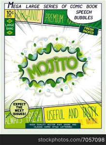 Mojito. Colorful explosion with mint leaves, ice, water splashes and clouds of smoke in comic style.
 Realistic pop art speech bubble. Realistic bang with splashes and header