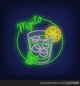Mojito neon text, drink glass, ice cubes, lemon and mint. Cocktail bar design. Night bright neon sign, colorful billboard, light banner. Vector illustration in neon style.