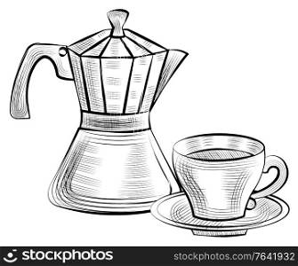 Moka pot for brewing espresso coffee and cup with saucer isolated monochrome icons. Vector steel kettle with handle and lid. Drawing objects, hot beverage. Moka Pot for Brewing Espresso Coffee and Cup Icon