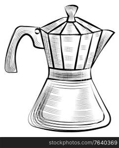 Moka pot for brewing espresso coffee, steel kettle for preparing strong drink of dark beans. Vector meta kettle isolated monochrome sketch icon. Moka Pot for Brewing Espresso Coffee, Steel Kettle