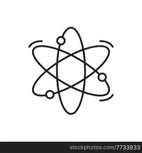 Molecular atomic structure scientific research, chemistry and nuclear energy symbol isolated thin line icon. Vector quantum physics chain of atoms, neutrons, electrons and protons, orbiting molecules. Orbiting neutrons and electrons protons, molecules