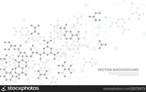 Molecular structure background. Chemistry science, medical or dna researching. Grey chemical biochemistry lab, biotechnology recent vector template. Banner genetic science chemistry. Molecular structure background. Chemistry science, medical or dna researching. Grey chemical biochemistry lab, biotechnology recent vector template
