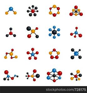 Molecular structure chemical icons set. Flat illustration of 16 molecular structure chemical vector icons isolated on white. Molecular structure chemical icons set vector isolated