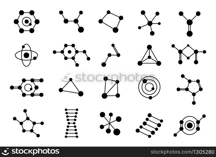 Molecular structure. Chemistry scientific research, biochemistry dna connect, symbols nanotechnology and microbiology silhouette molecules icons vector. Molecular structure. Chemistry scientific research, biochemistry dna connect, symbols nanotechnology and microbiology molecules icons vector