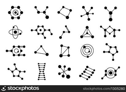 Molecular structure. Chemistry scientific research, biochemistry dna connect, symbols nanotechnology and microbiology silhouette molecules icons vector. Molecular structure. Chemistry scientific research, biochemistry dna connect, symbols nanotechnology and microbiology molecules icons vector