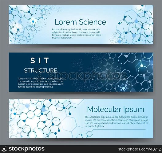 Molecular structure horizontal banners. Science, medical or chemistry atom model abstract vector background