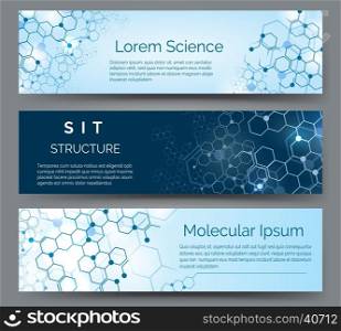 Molecular structure horizontal banners. Science, medical or chemistry atom model abstract vector background
