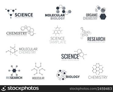 Molecular structure logo. Biological laboratory labels. Chemical hexagonal connections. Science research. Particles constructions. Biology or chemistry. Scientific text. Vector biotechnology icons set. Molecular structure logo. Biological laboratory labels. Chemical connections. Particles constructions. Biology or chemistry research. Scientific text. Vector biotechnology icons set