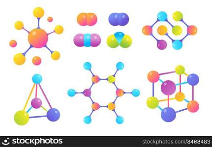 Molecular structures vector illustrations set. Different shapes or models of connected molecules for scientific research. Science, microbiology, chemistry, biotechnology, biology concept