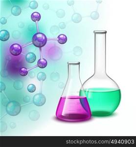 Molecule And Vessels Colorful Composition. Laboratory composition with molecules chemical vessel bottles flat vector illustration