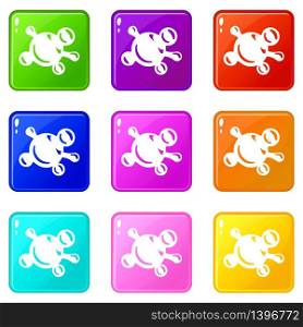 Molecule biology icons set 9 color collection isolated on white for any design. Molecule biology icons set 9 color collection