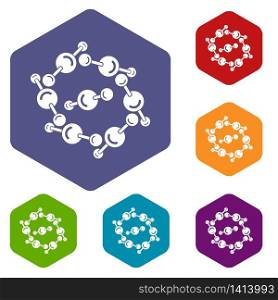 Molecule design icons vector colorful hexahedron set collection isolated on white. Molecule design icons vector hexahedron