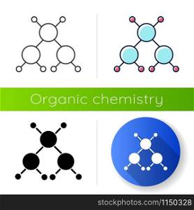 Molecule flat design long shadow icon. Crystal structure. Molecular ball and stick model. Organic chemistry. Atom modeling. Flat design, linear, black and color styles. Isolated vector illustrations
