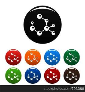 Molecule formula icons set 9 color vector isolated on white for any design. Molecule formula icons set color