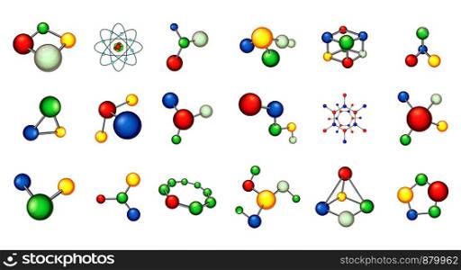 Molecule icon set. Cartoon set of molecule vector icons for web design isolated on white background. Molecule icon set, cartoon style