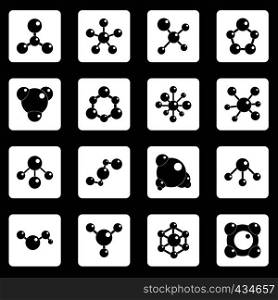 Molecule icons set in white squares on black background simple style vector illustration. Molecule icons set squares vector