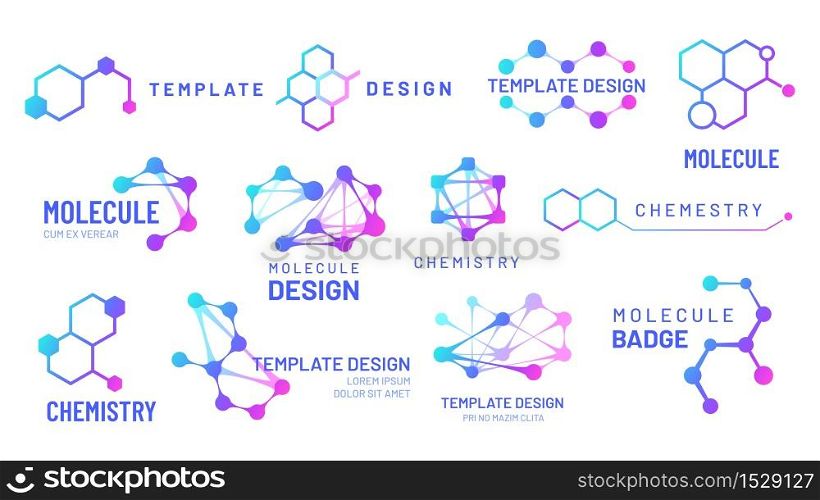 Molecule logos. Chemistry and science logotype with hexagonal structure and molecular grids templates. Biological model, dna molecule connection isolated on white vector illustration. Molecule logos. Chemistry and science logotype with hexagonal structure and molecular grids templates