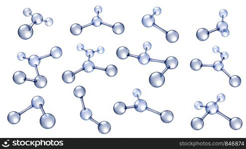 Molecule model. Hyaluronic acid molecules, chemical science organic molecular structure and reflecting molecules models. Medical cells models macro connect. 3d vector isolated icons set. Molecule model. Hyaluronic acid molecules, chemical science organic molecular structure and reflecting molecules models 3d vector set
