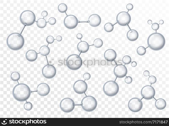 Molecules. 3d transparency molecular structures, chemistry macro models with reflection. Genetic and biotechnology abstract isolated vector pharmacy capsule set. Molecules. 3d transparency molecular structures, chemistry macro models with reflection. Genetic and biotechnology abstract isolated vector set