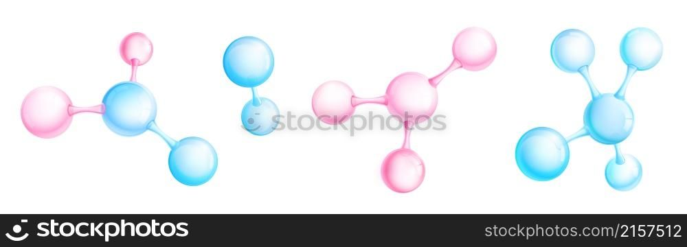 Molecules and atoms models, abstract scientific elements for chemistry, medicine, biology or physics science. Isolated pink or blue 3d vector microscopic objects, connected spheres on white background. Molecules and atoms models, scientific elements