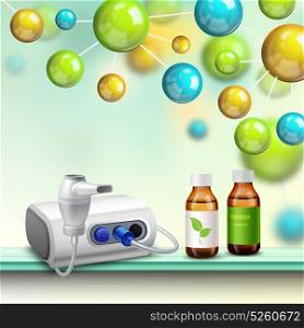 Molecules Health Improvement Composition. Medical realistic composition with heat gun botanical medication mixtures on shelf and colorful glossy molecules above vector illustration