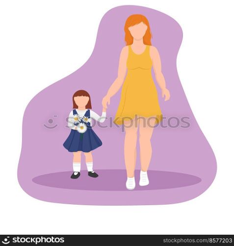 Mom≤ads theχld to school. Child in school uniform.. Mom≤ads theχld to school. Child in school uniform
