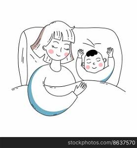 Mom and baby are sleeping in bed. Healthy baby sleep. Vector doodle illustration.