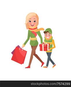Mom and boy with wrapped gift boxes and packages with presents. Cartoon style female and male, customers isolated. Mother and son do shopping together. Mom and Boy with Wrapped Gift Boxes and Packages