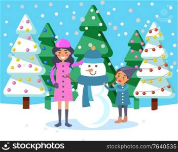 Mom and child sculpting snowman in park. Winter landscape with snowfall and pine trees with baubles. Mum and kid with sculpture of snow having hat and knitted scarf. Seasonal vacations vector. Mother with Kid and Snowman Sculpture of Snow