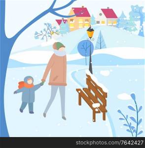 Mom and child strolling in evening in winter park. Mother and kid wearing warm clothes relaxing in city. Cityscape with building exteriors and snowy hills. Street with lantern and bench vector. Mother and Kid Walking in City Park in Winter