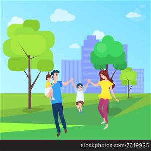 Mom and dad, boy and girl spend time together outdoors. Vector family mother father son and daughter walking in urban city park with trees and buildings. Mom and Dad, Boy Girl Spend Time Together Outdoors