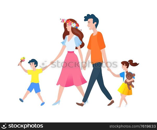 Mom and dad holding son and daughter, parents and children walking, full length view of group of people outdoor, smiling family together, holiday vector. Parents and Kids Walking Outdoor, Family Vector