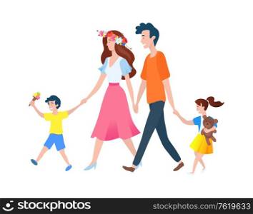 Mom and dad holding son and daughter, parents and children walking, full length view of group of people outdoor, smiling family together, holiday vector. Parents and Kids Walking Outdoor, Family Vector