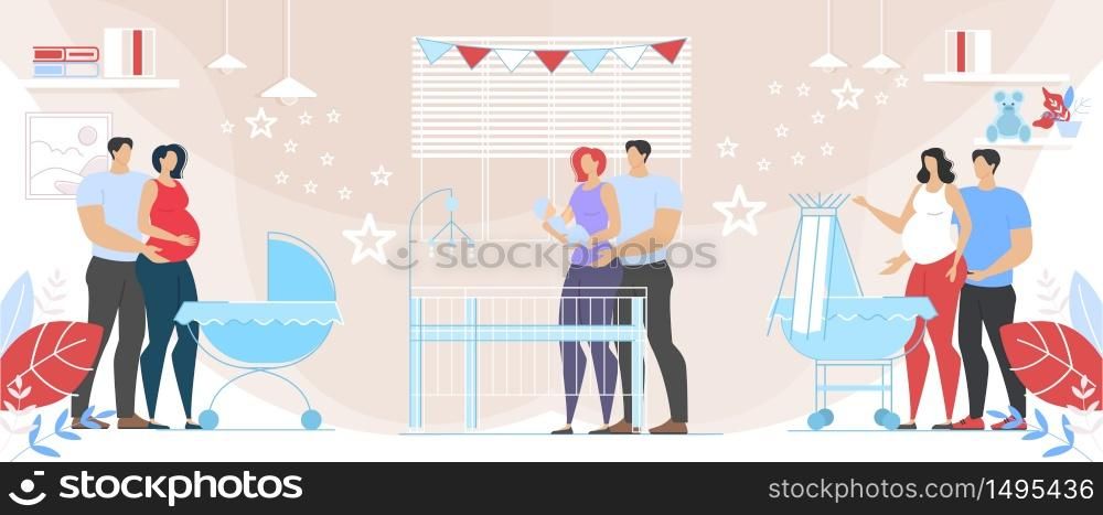 Mom and Dad with Child Lovely Family, Husbands Embracing Pregnant Wives. Happy Couples Prepare Become Parents and Taking Care of Newborn Baby. Maternity and Parenting. Cartoon Vector Flat Illustration. Mom Dad with Child, Pregnant Women, Lovely Family