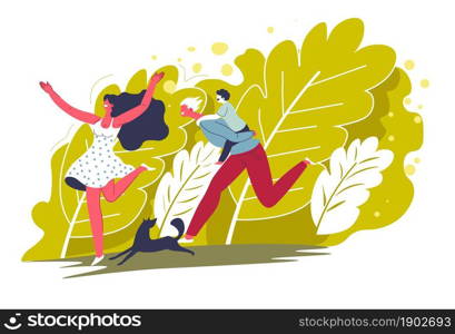 Mom and dad with small child running from wind and bad weather in park. Family weekends, people spending time outdoors together. Husband and wife with kid in woods by trees. Vector in flat style. Family fun, mother and father with kid running