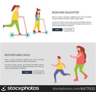 Mom and Daughter and Child Vector Illustration. Mom and daughter and child, designed web-pages with icons of family activities, sample text, headline and buttons on vector illustration