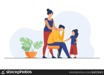Mom and daughter comforting upset dad. Touching shoulder, holding hand, giving support flat vector illustration. Family, empathy, help concept for banner, website design or landing web page
