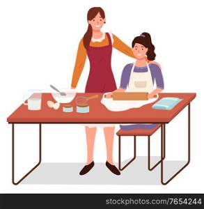Mom and daughter cooking together. Mother teaching girl to make dough and bake. Female character using rolling pin. Adult personage cheering up child in kitchen preparing homemade food vector. Mother Teaching Daughter to Bake and Cook Vector