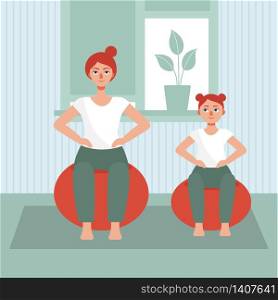 Mom and daughter do sports at home in quarantine. Prevention of the spread of coronavirus. Domestic activity with children. Flat vector cartoon illustration.