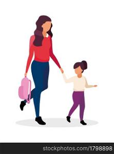 Mom and daughter going to school semi flat color vector characters. Full body people on white. First day at primary school isolated modern cartoon style illustration for graphic design and animation. Mom and daughter going to school semi flat color vector characters